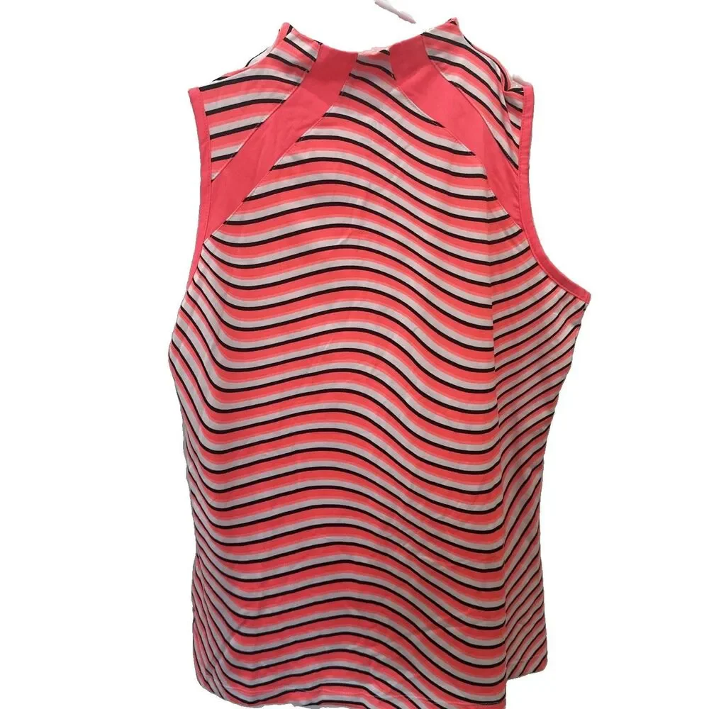 TAIL IN FOCUS Neon Coral Black Striped Sleeveless Golf Shirt Polo Small NWT